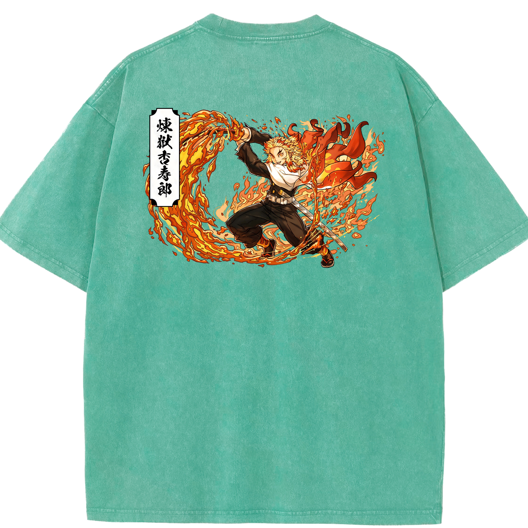 （画像用） 鬼滅の刃（きめつのやいば）炎柱-煉󠄁獄 杏寿郎／れんごく きょうじゅろう Rengoku Kyoujurou 綿100% ヴィンテージ風 半袖Tシャツ（背面プリント）